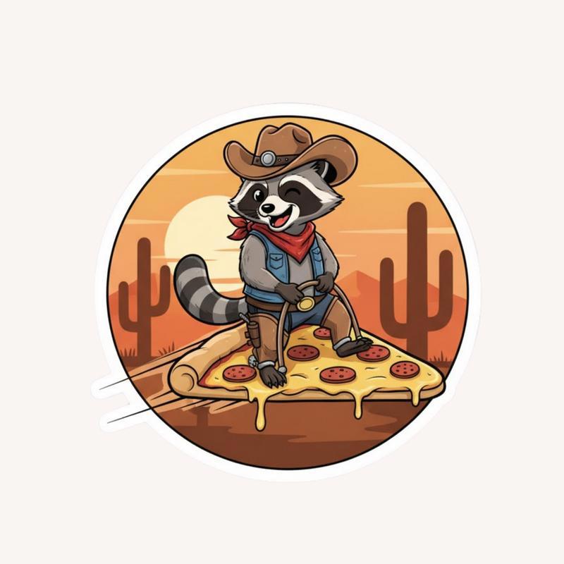 Cowboy Raccoon Pizza Ride Meme Sticker - Raccsy