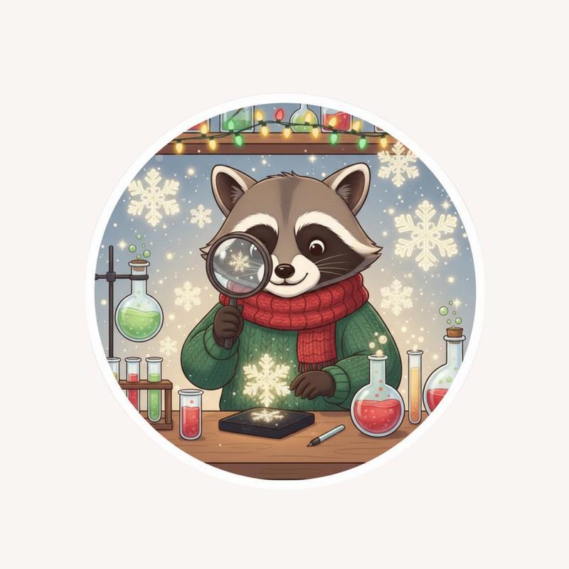 Cozy Christmas Raccoon Scientist Sticker - Raccsy
