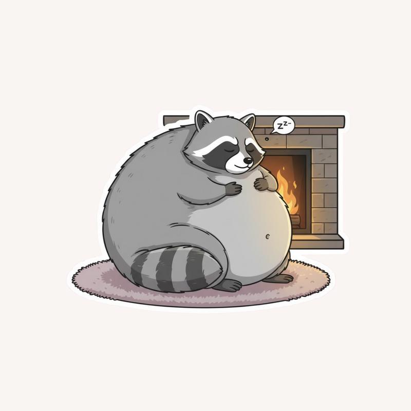 Fat Raccoon Cozy Fireplace Nap Sticker - Raccsy