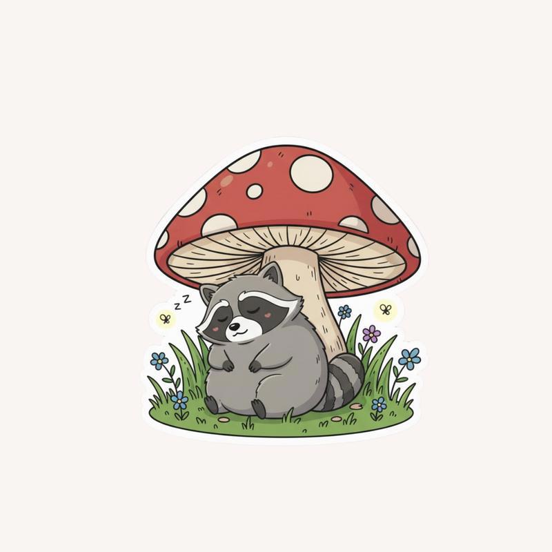 Fat Raccoon Giant Mushroom Shelter Sticker - Raccsy