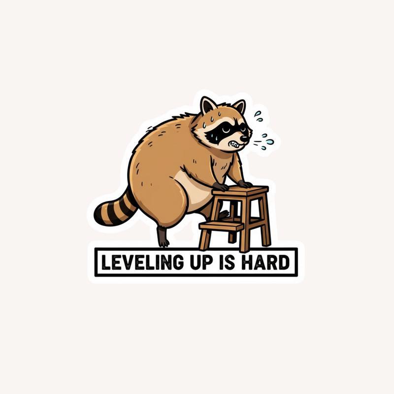 Fat Raccoon Struggling With Stairs Sticker - Raccsy