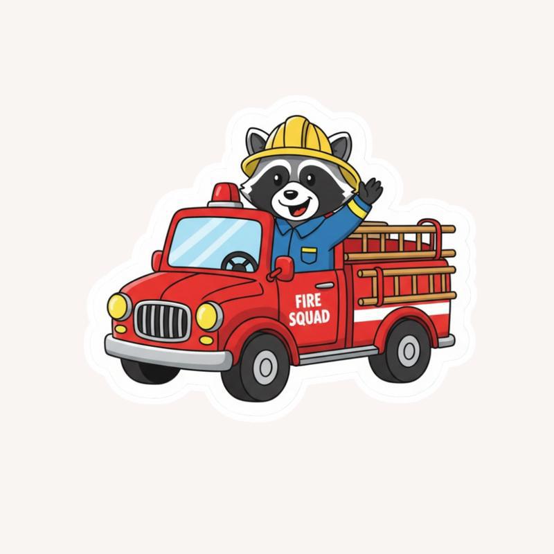 Firefighter Raccoon Driving Mini Fire Truck Sticker - Raccsy