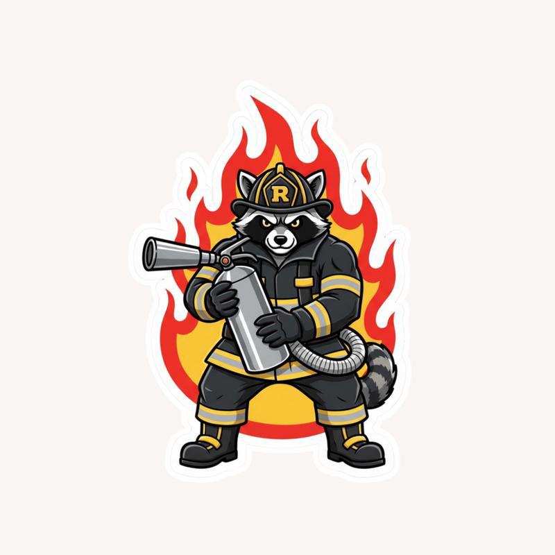 Firefighter Raccoon, Holding Fire Extinguisher Sticker - Raccsy