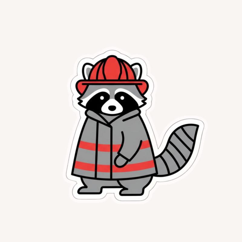 Firefighter Raccoon, Kiss-Cut Minimalist Outline Sticker - Raccsy