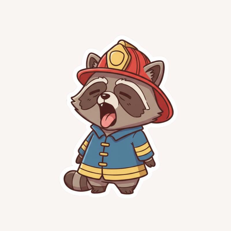Firefighter Raccoon, Sleepy Morning Uniform Sticker - Raccsy