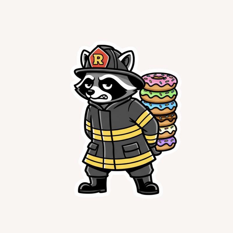 Firefighter Raccoon, Stealing Donuts Snack Sticker - Raccsy