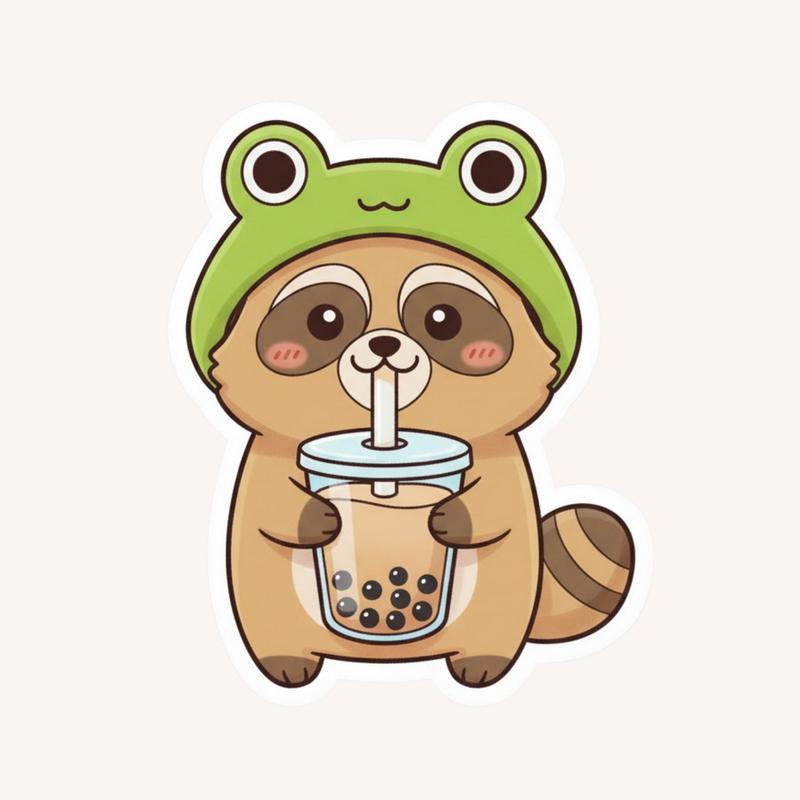 Frog Hat Raccoon Dog Boba Sticker - Raccsy