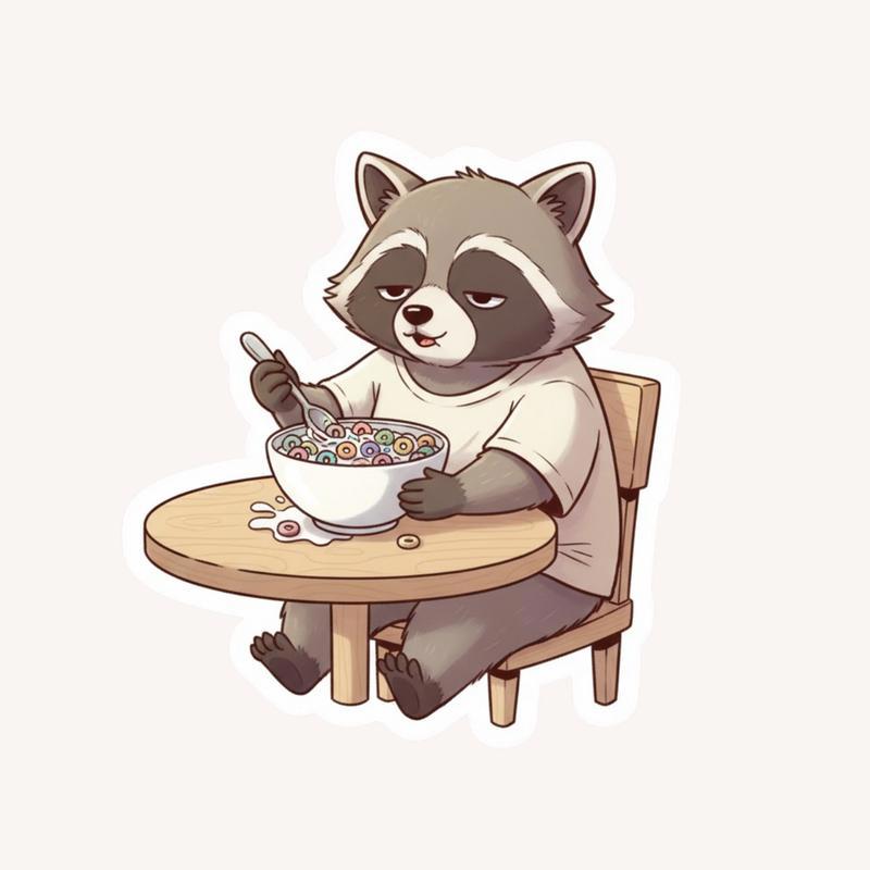 Furry Raccoon Eating Cereal Morning Routine Sticker - Raccsy