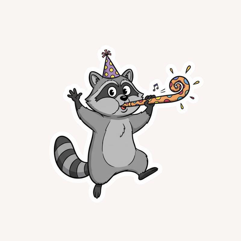 Happy Birthday Raccoon - Blowing Party Whistle Loudly Sticker - Raccsy