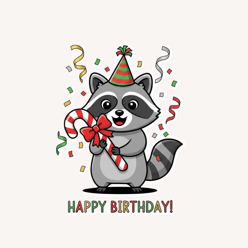 Happy Birthday Raccoon - Holding a Candy Cane Festive Sticker - Raccsy AU