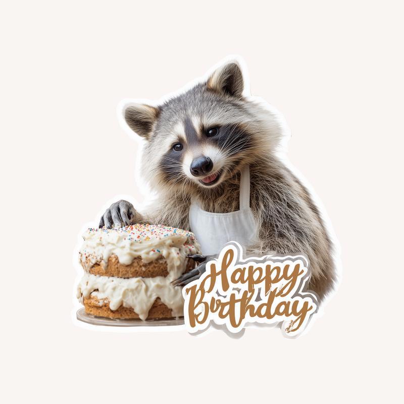Happy Birthday Raccoon Sticker With Cake Sticker - Raccsy