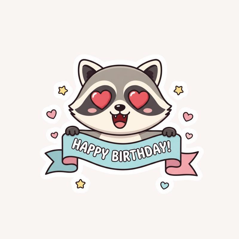 Happy Birthday Raccoon - With Heart Shaped Eyes Love Sticker - Raccsy