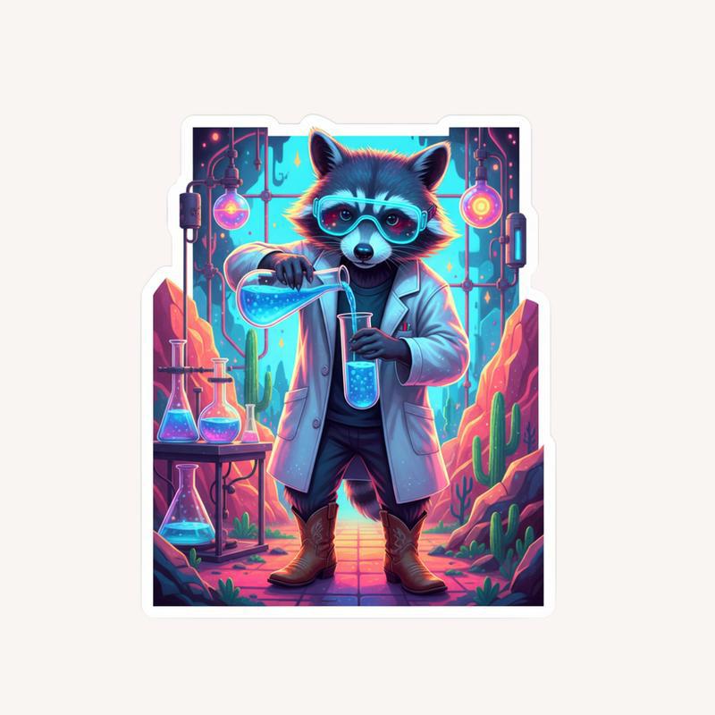 Holographic Cowboy Raccoon Scientist Sticker - Raccsy