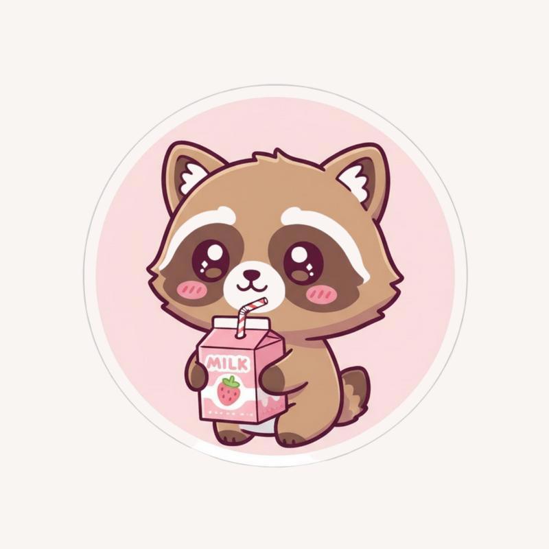 Kawaii Raccoon Dog With Strawberry Milk Sticker - Raccsy