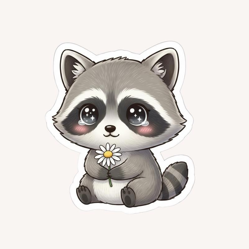Kawaii Raccoon, Holding a Tiny Flower Gift Sticker - Raccsy