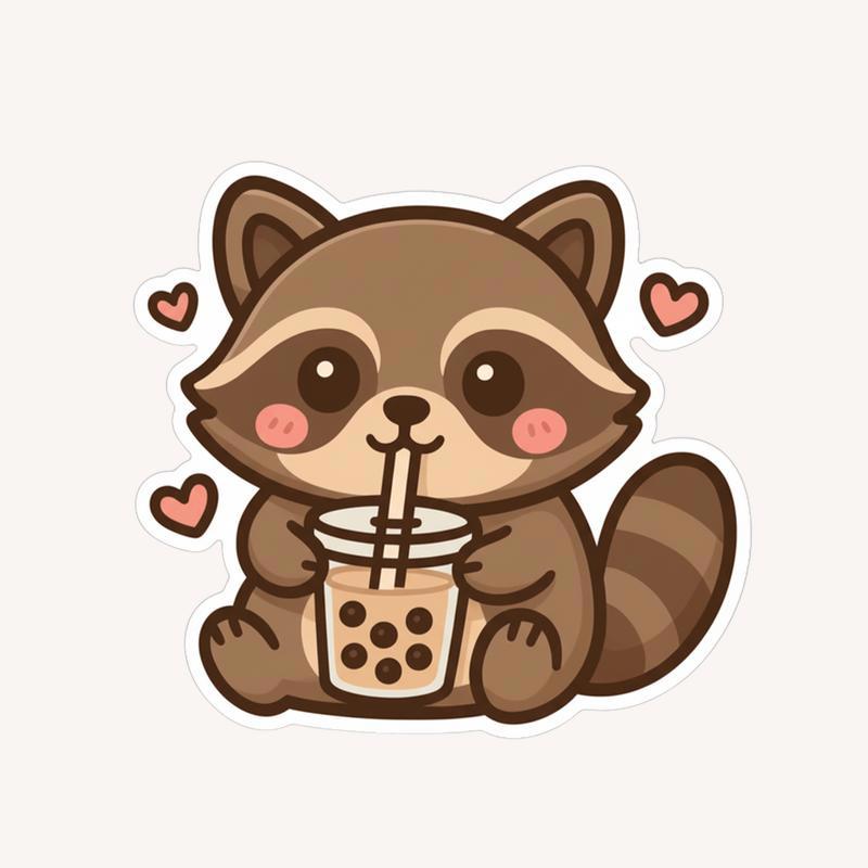 Kawaii Raccoon With Milk Tea Sticker - Raccsy