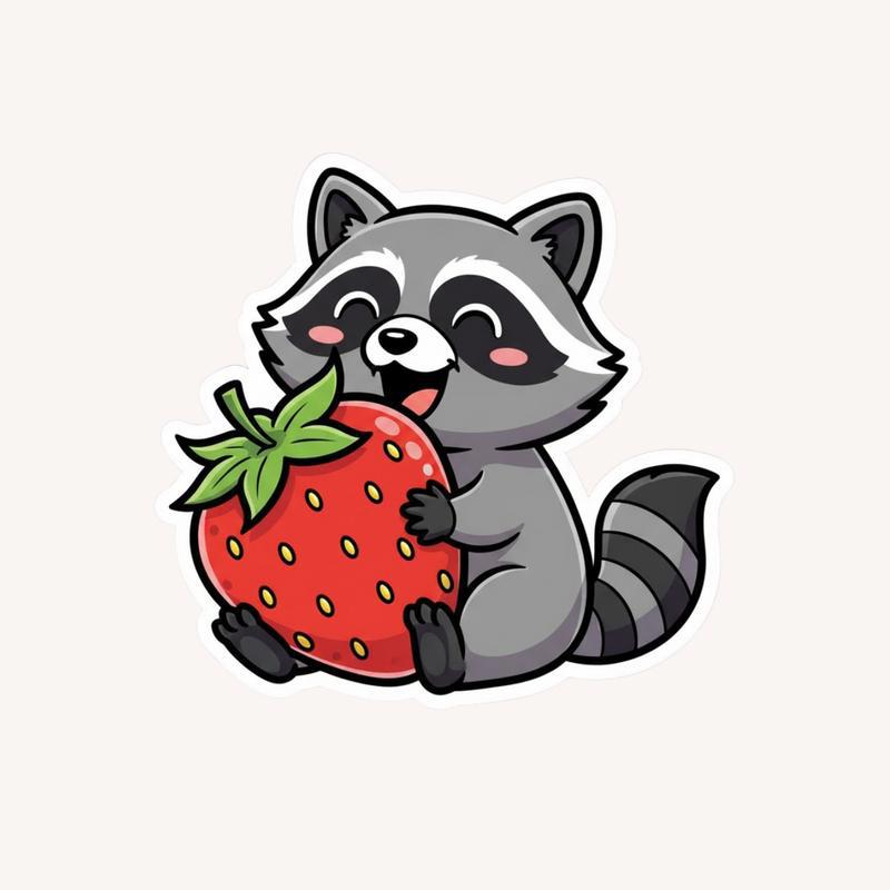 Kawaii Raccoon With Strawberry Sticker - Raccsy