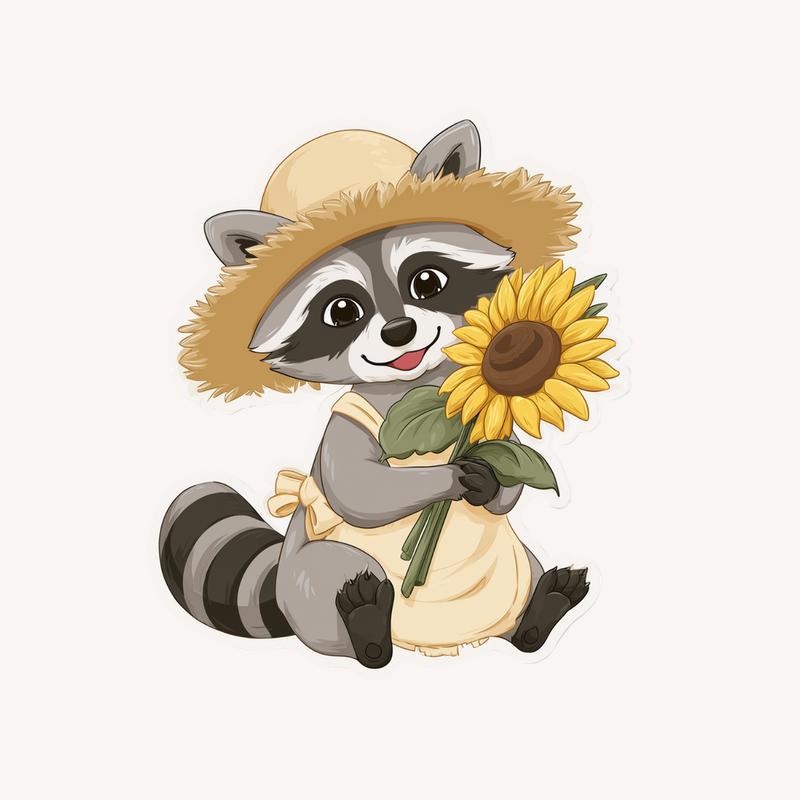 Kawaii Raccoon With Sunflowers Sticker - Raccsy