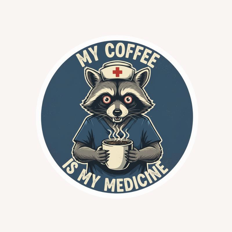 My Coffee Is My Meds Raccoon Nurse Sticker - Raccsy
