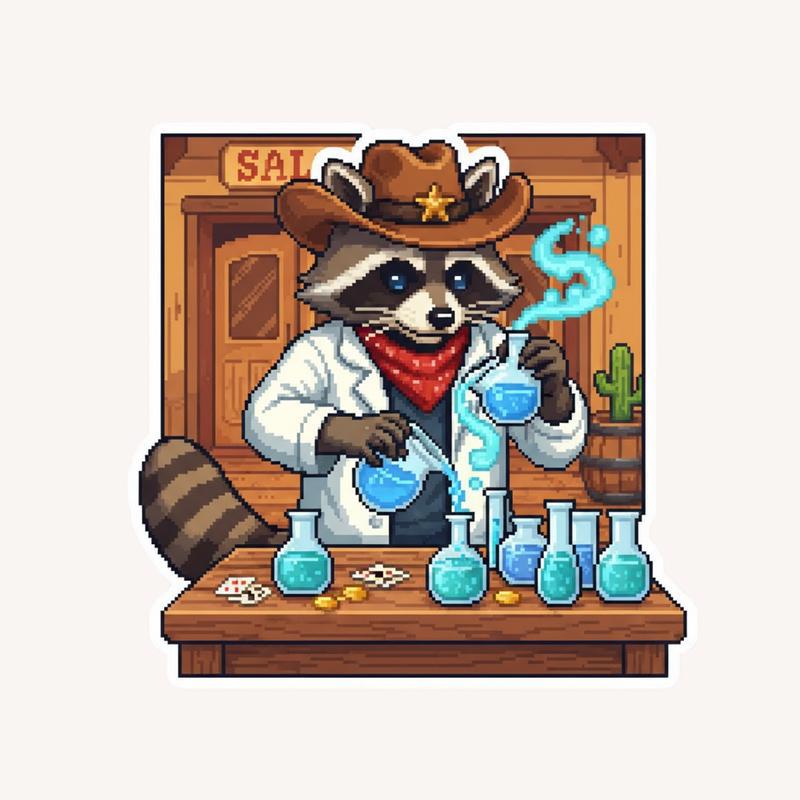 Pixel Cowboy Raccoon Scientist Sticker - Raccsy