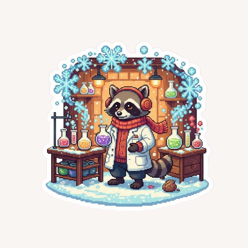 Pixel Raccoon Scientist Snow Lab Sticker - Raccsy