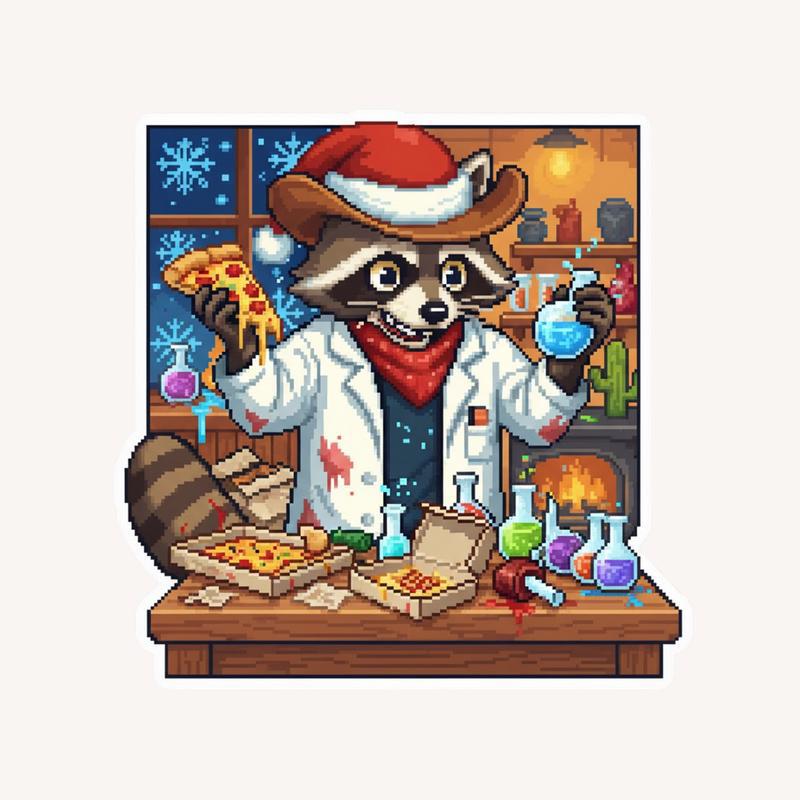 Pixel Raccoon Scientist Trash Panda Mode Sticker - Raccsy
