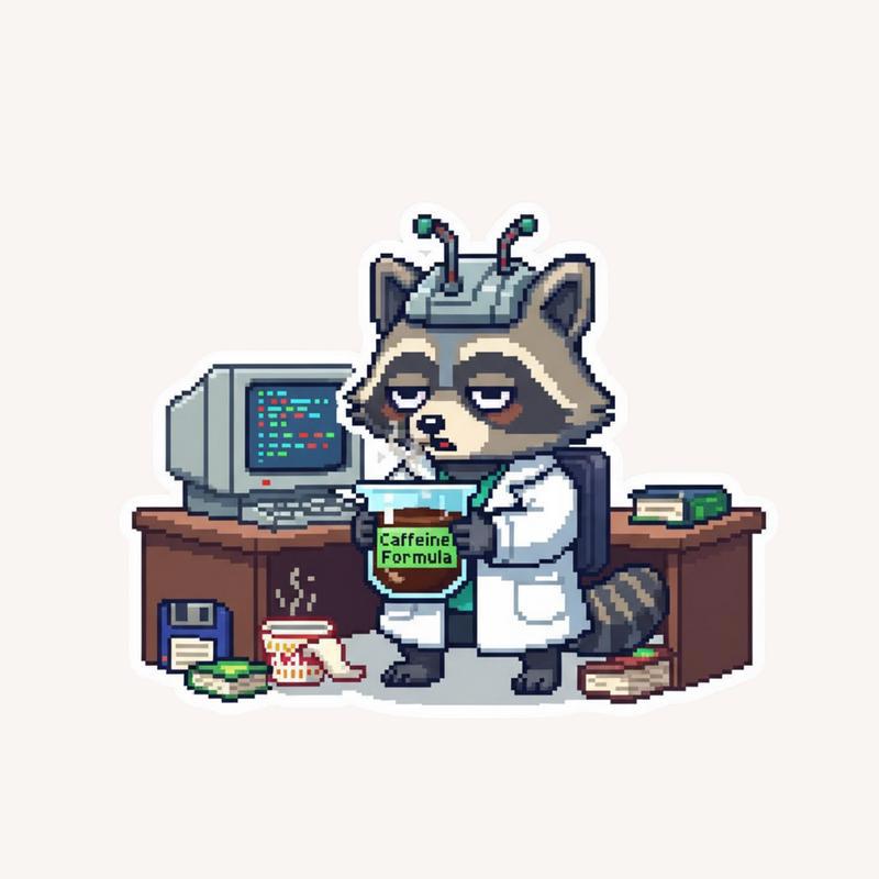 Pixel Raccoon Scientist With Coffee Sticker - Raccsy