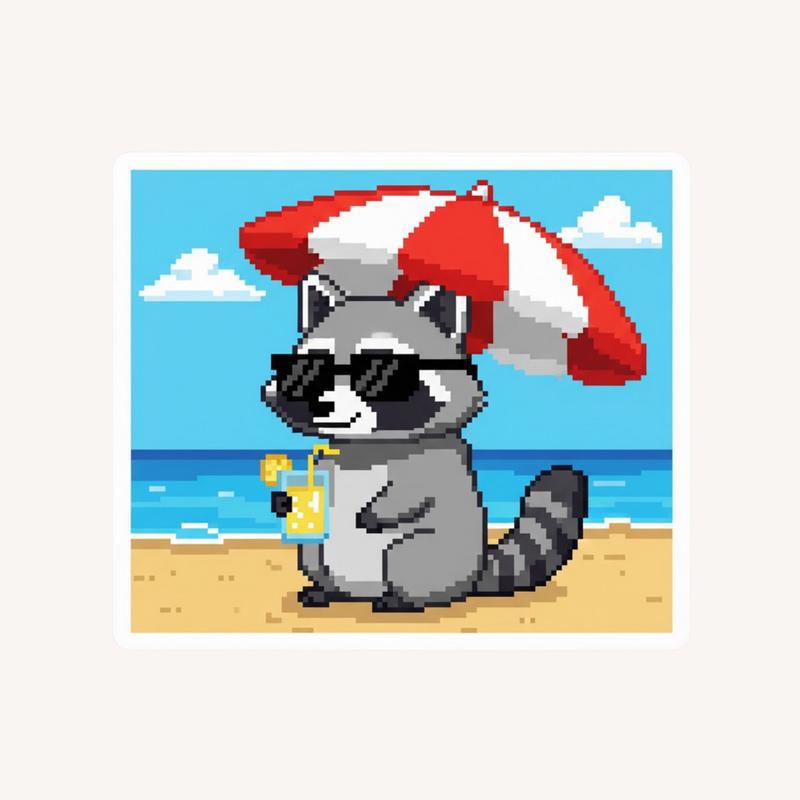 Pixelated Raccoon At The Beach Sticker - Raccsy AU