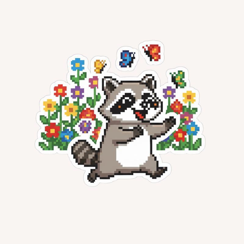 Pixelated Raccoon Chasing Butterflies Sticker - Raccsy