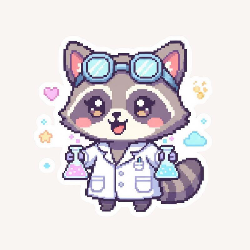Pixelated Raccoon ChPixel Kawaii Raccoon Scientistasing Butterflies Sticker - Raccsy