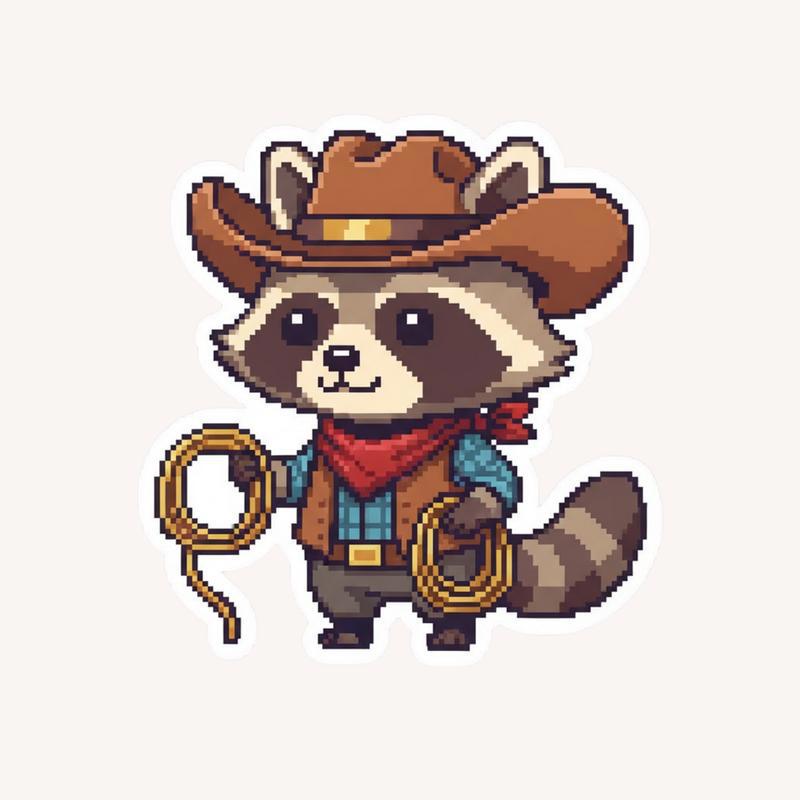 Pixelated Raccoon Cowboy Sticker - Raccsy