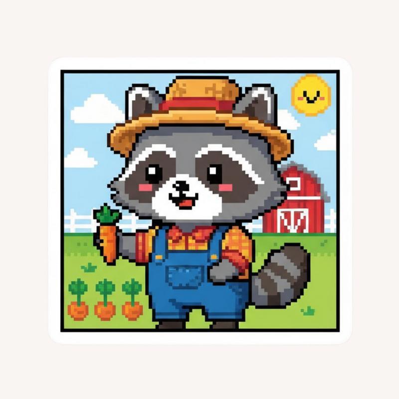 Pixelated Raccoon Farmer Sticker