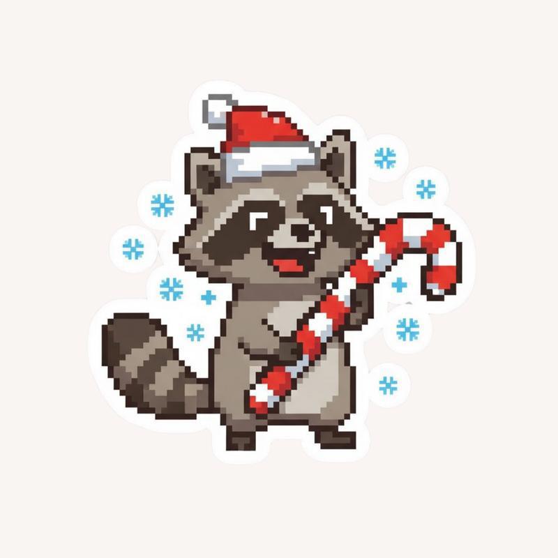 Pixelated Raccoon Holding Candy Cane Sticker - Raccsy