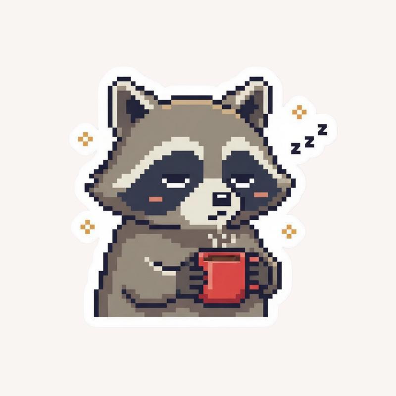 Pixelated Raccoon Holding Coffee Sticker - Raccsy AU