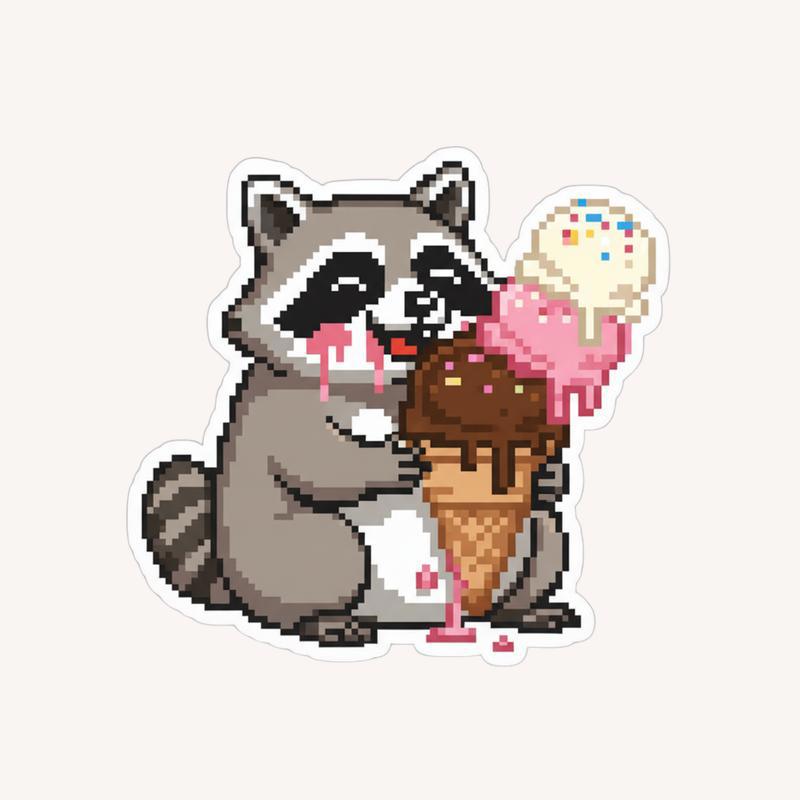 Pixelated Raccoon Ice Cream Sticker - Raccsy