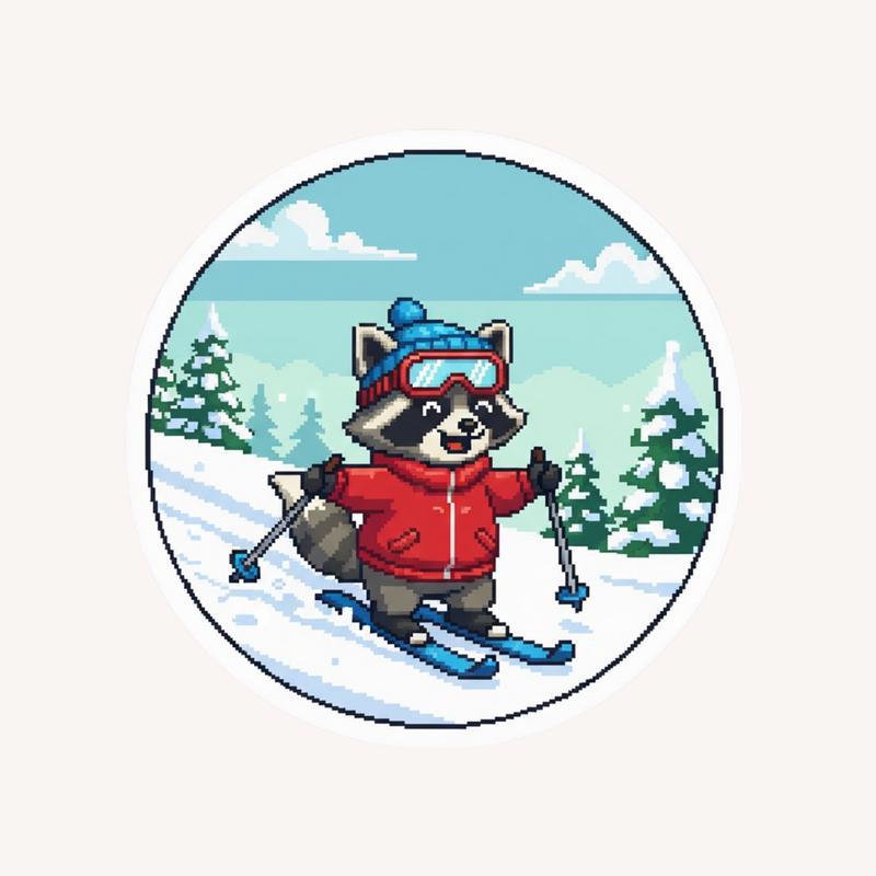 Pixelated Raccoon Ice Skating Funny Sticker - Raccsy