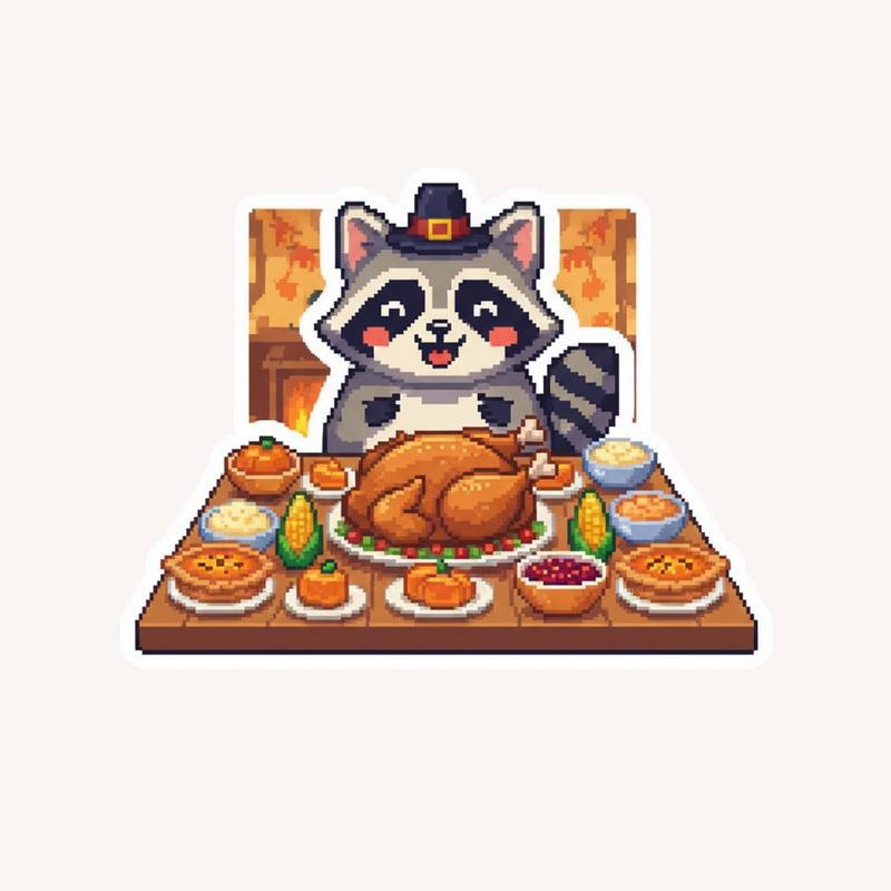 Pixelated Raccoon Thanksgiving Feast Sticker - Raccsy