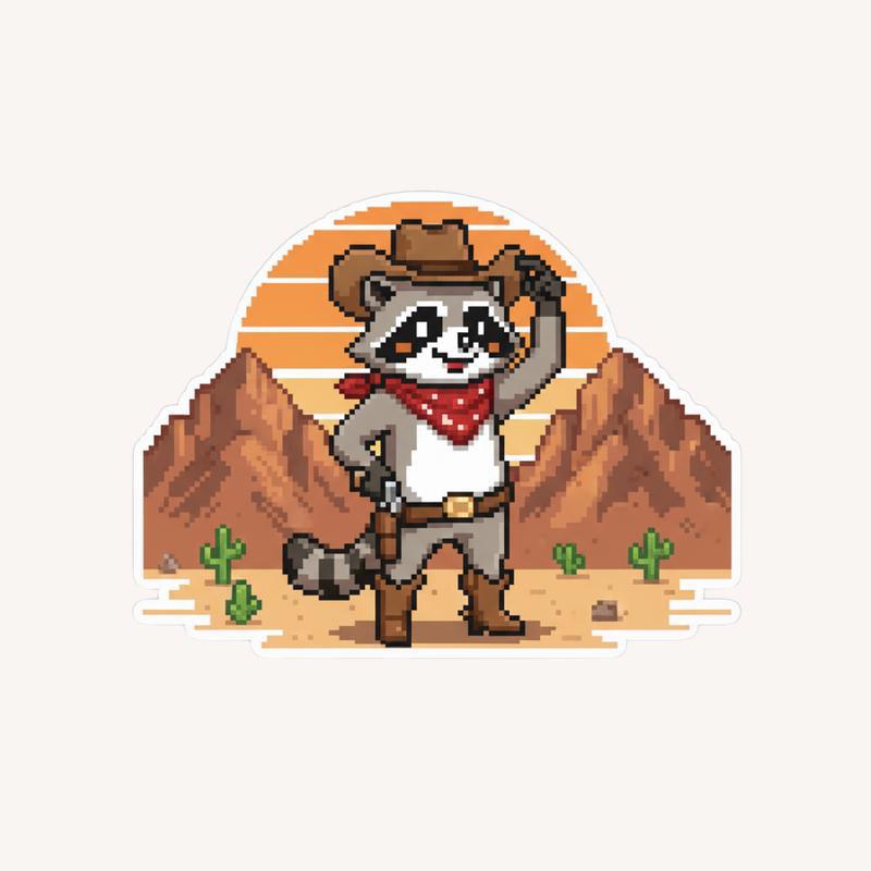 Pixelated Raccoon Western Hero Sticker - Raccsy