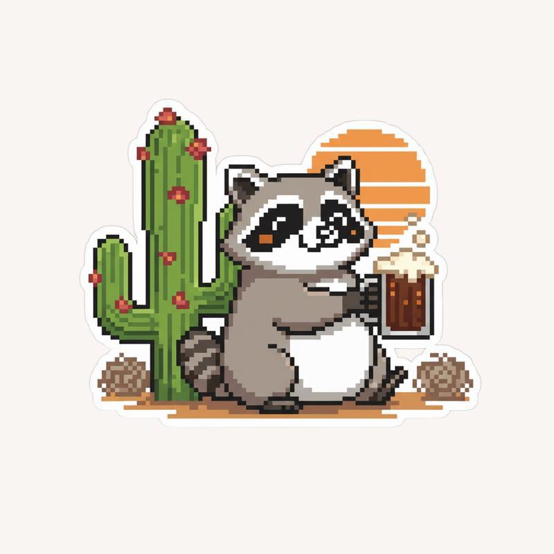 Pixelated Raccoon With Cactus Sticker - Raccsy
