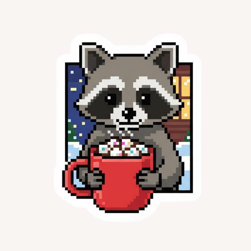 Pixelated Raccoon With Hot Cocoa Sticker - Raccsy