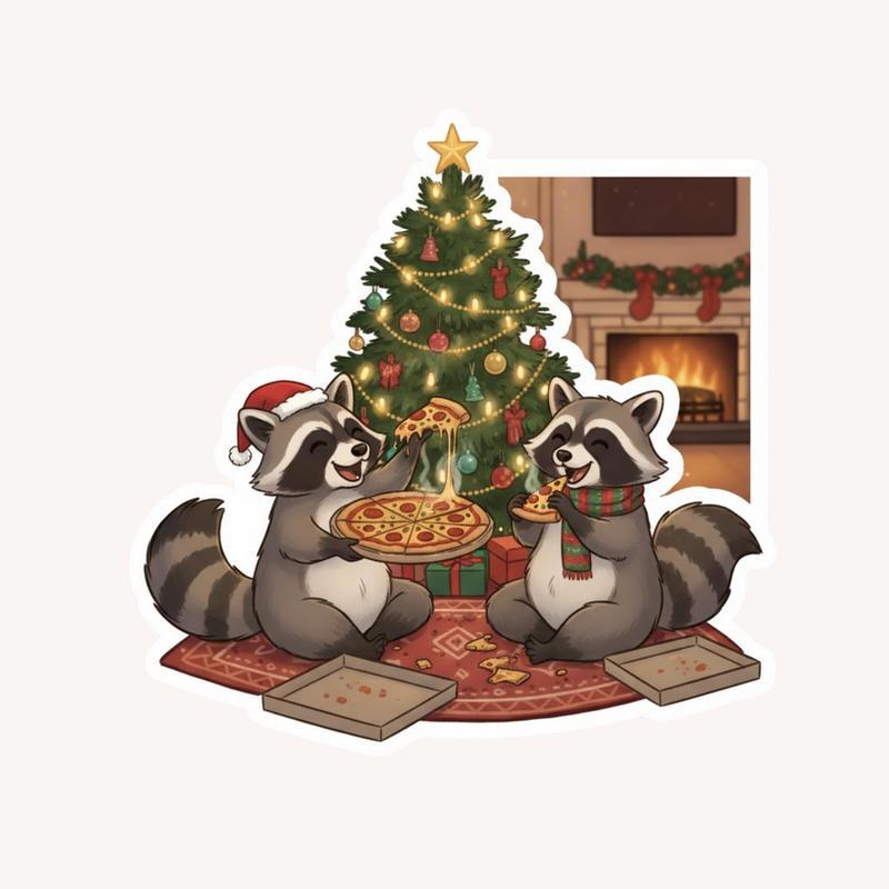 Raccoon Christmas Pizza Party Sticker - Raccsy