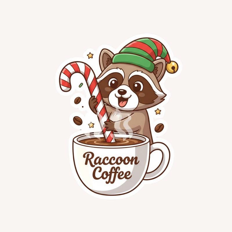 Raccoon Coffee Candy Cane Sticker - Raccsy AU