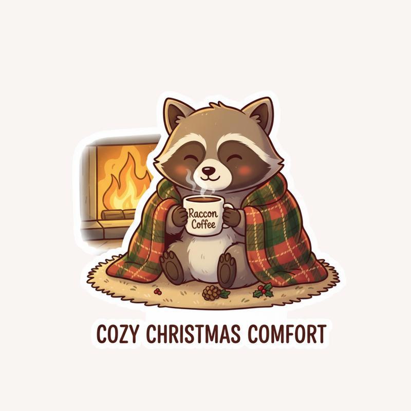 Raccoon Coffee Fireplace Cozy Sticker - Raccsy