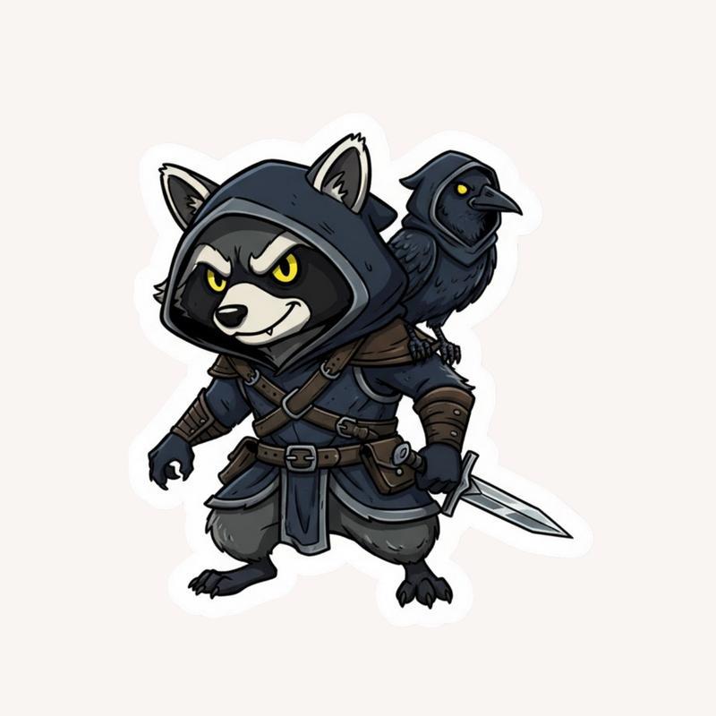 Raccoon DnD Rogue And Crow Sticker - Raccsy