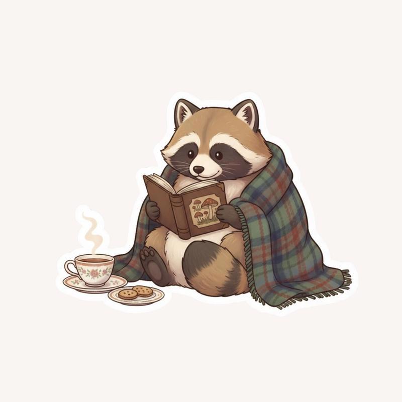 Raccoon Dog Reading Book Sticker - Raccsy
