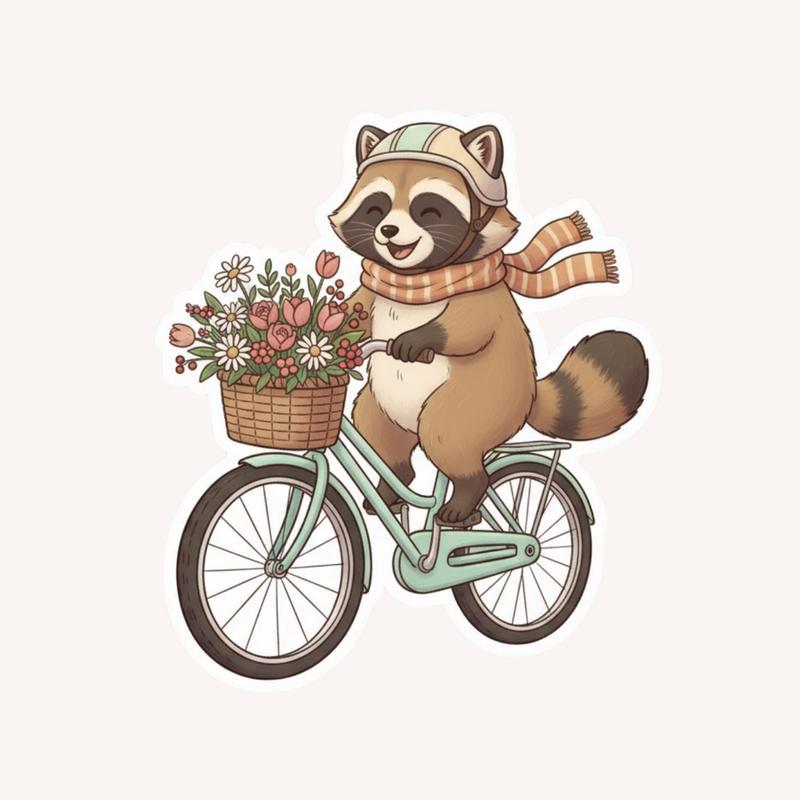 Raccoon Dog Riding Bicycle Sticker - Raccsy
