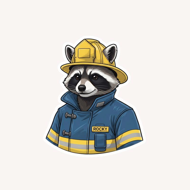 Raccoon Firefighter Name Tag Portrait Sticker - Raccsy