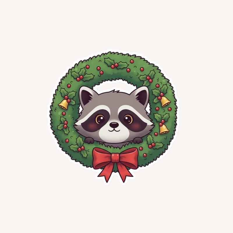 Raccoon Peeker In Christmas Wreath Sticker - Raccsy