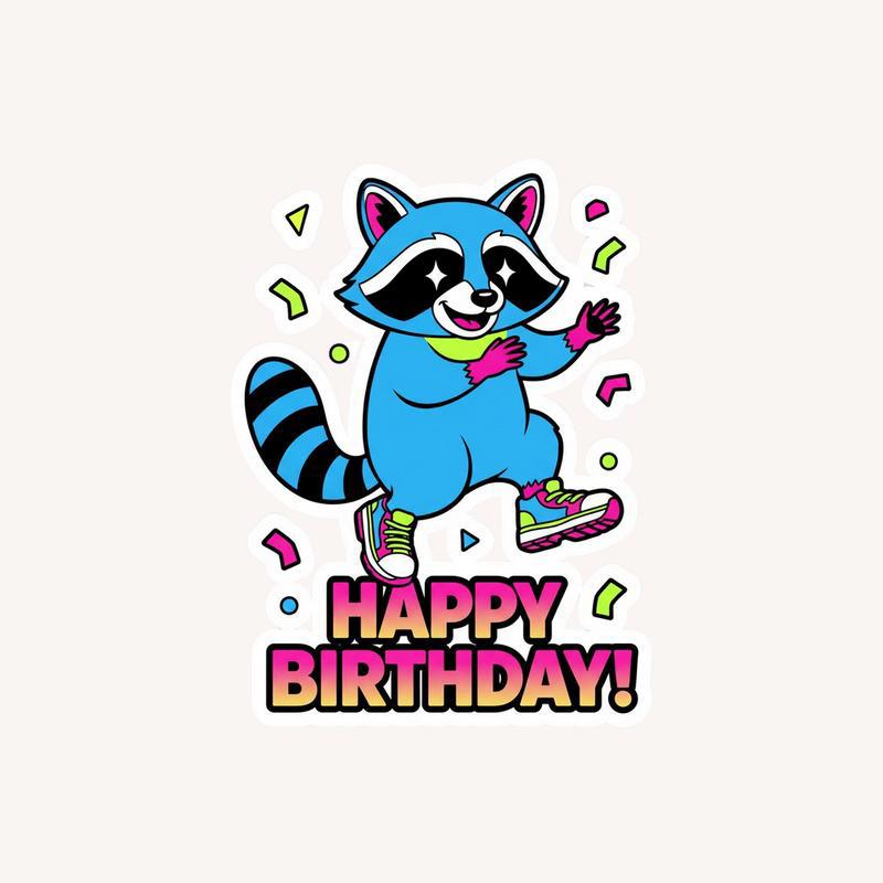 Retro 90s Happy Birthday Raccoon Sticker - Raccsy