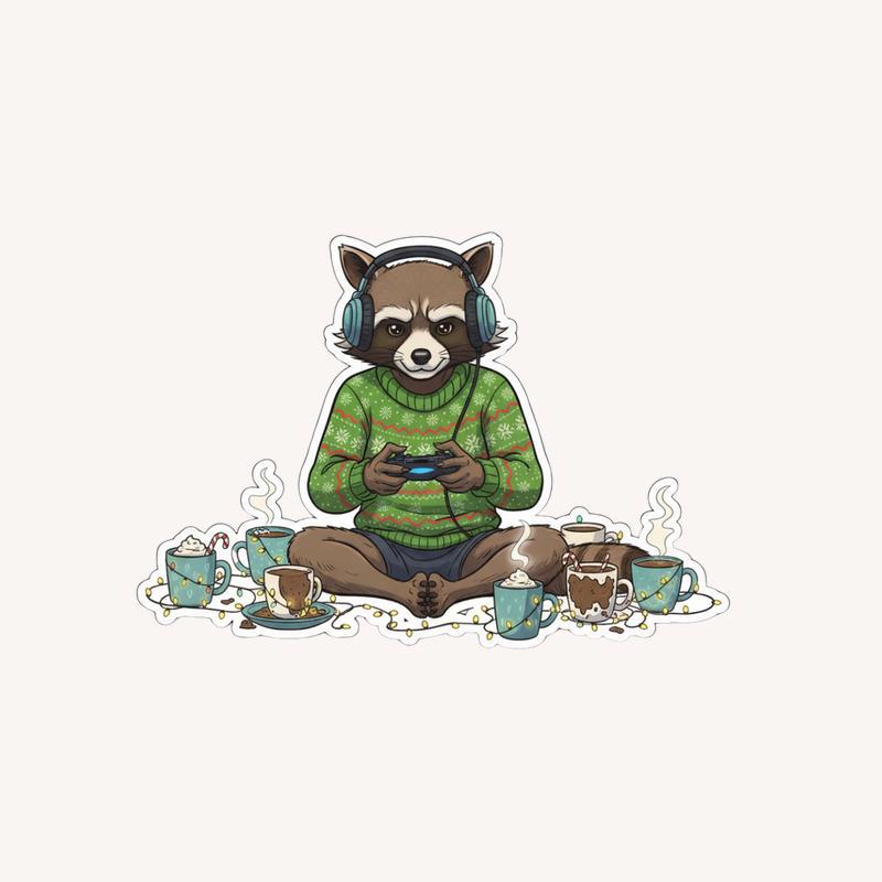 Rocket Raccoon Cozy Christmas Gamer Sticker - Raccsy